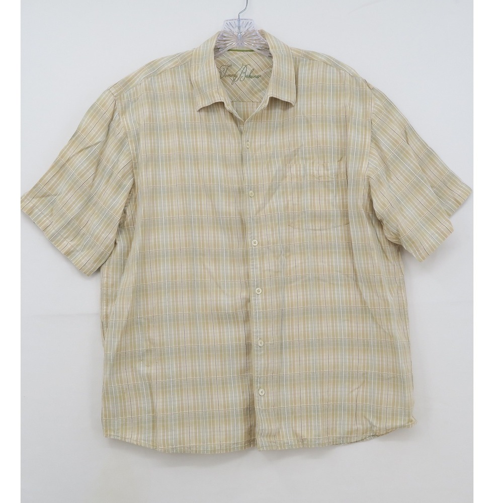 Tommy Bahama Mens XL Tan Plaid Short Sleeve Tencel Lyocell Button Down Shirt